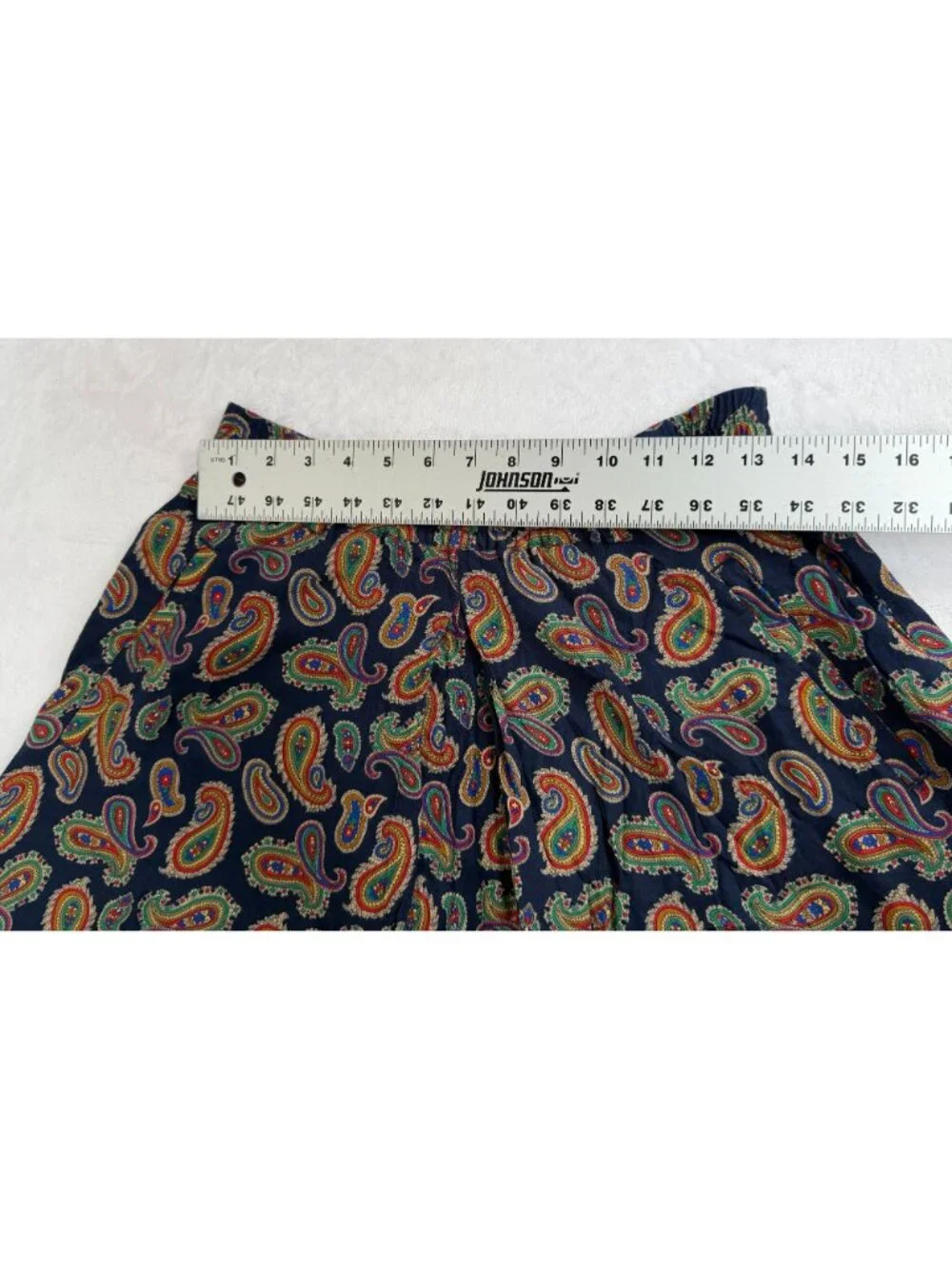 Vintage Liz Sport Paisley Print Midi Skirt Navy Rayon Elastic Waist Small A-Line